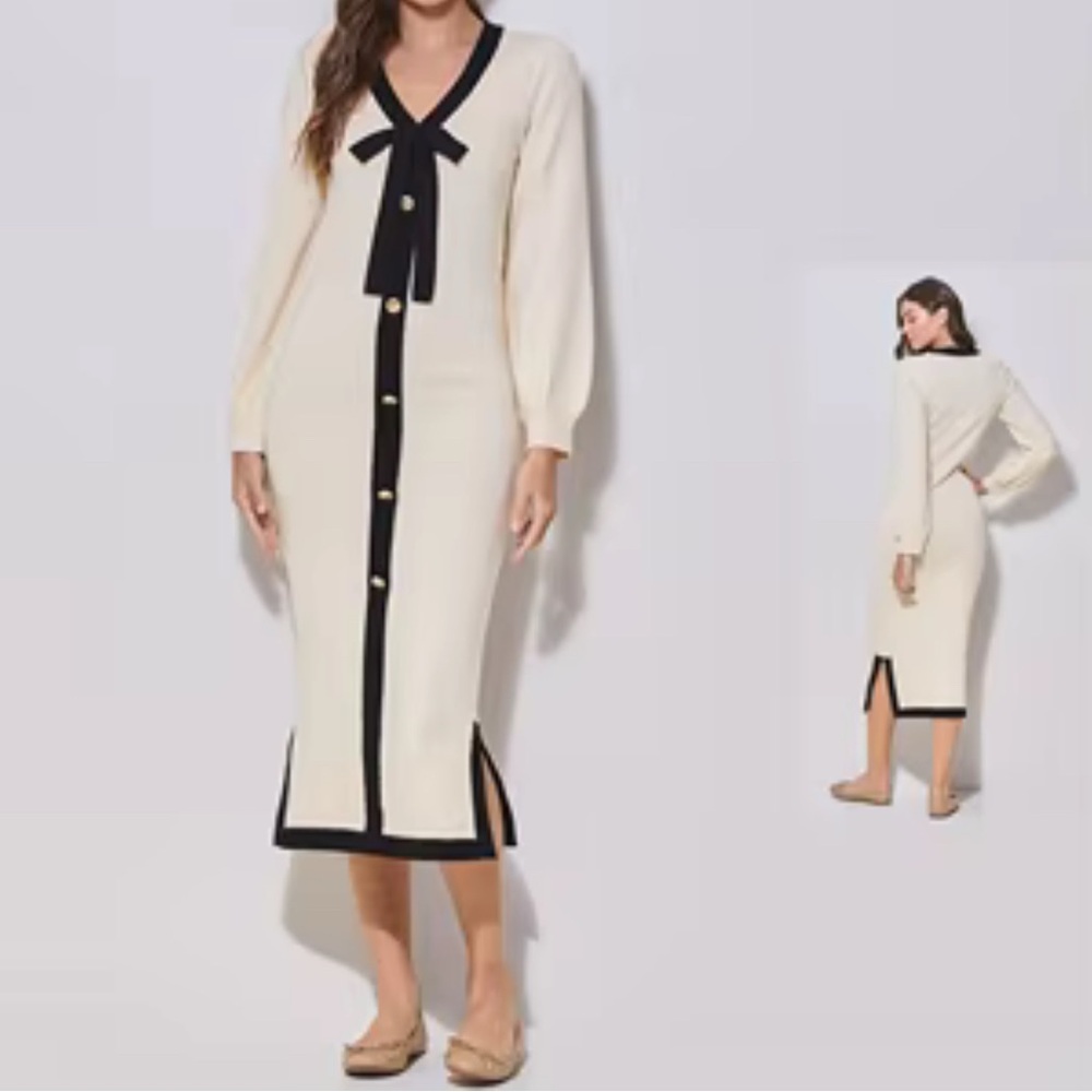 NWT Able Los Angeles Cream Black Long Sleeve Bow Gold Button Classic Dress SZ L